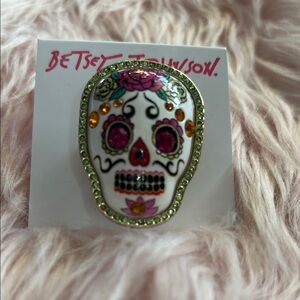 Betsey Johnson Sugar Skull Ring with Pink and Green Accents